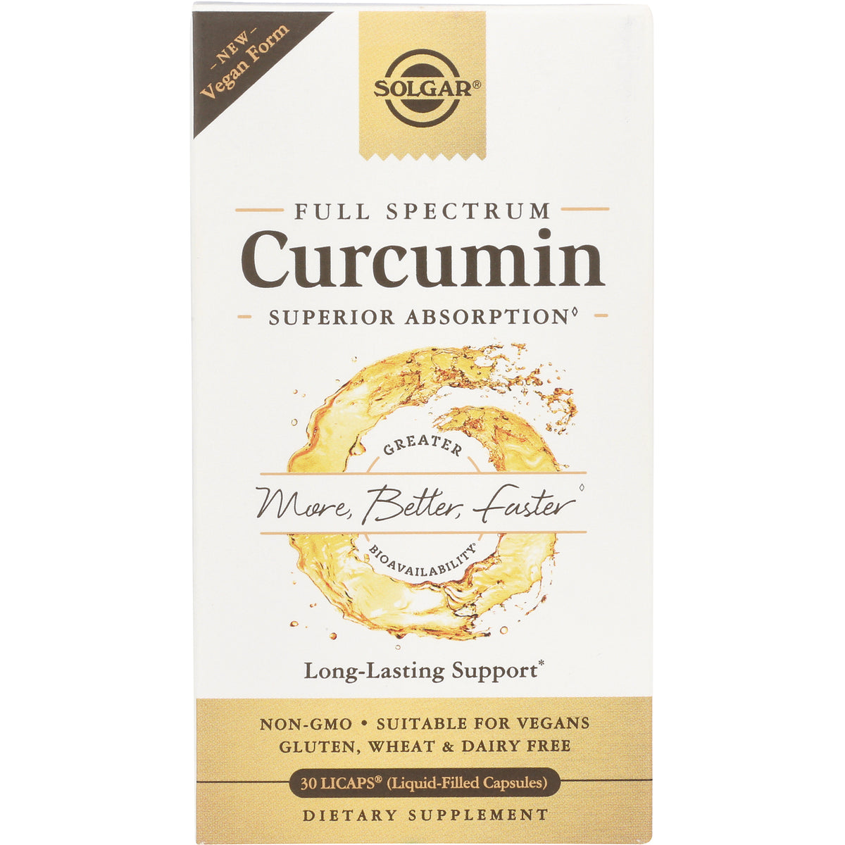 SLG356 | Solgar Full Spectrum Curcumin front box showing long-lasting support, 30 Licaps liquid-filled capsules, suitable for vegans