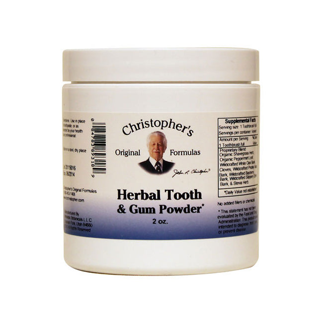 DCR034 | White jar of Christopher's Herbal Tooth & Gum Powder 2 oz with front label showing brand portrait and supplement facts