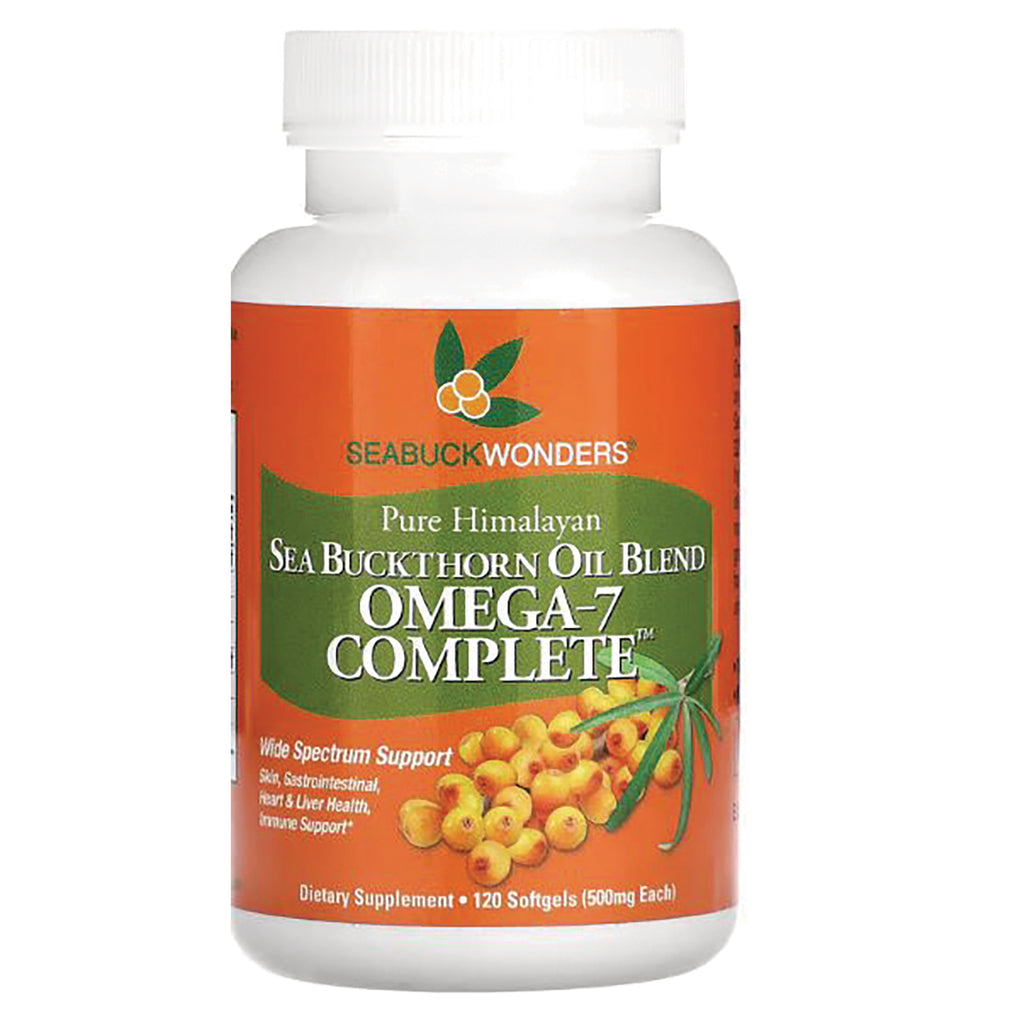 SBW002 | White bottle labeled Seabuck Wonders Sea Buckthorn Oil Blend Omega-7 Complete dietary supplement, 120 softgels - Thumbnail