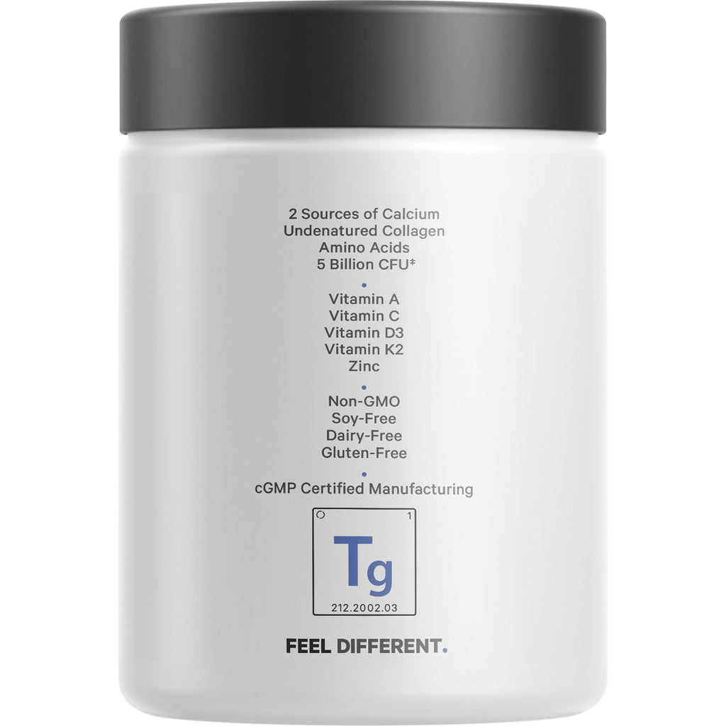 CDG031 | Back of white supplement jar showing ingredient list and labels: Vitamin A C D3 K2, zinc, Non-GMO, soy-free, dairy-free, gluten-free - Thumbnail