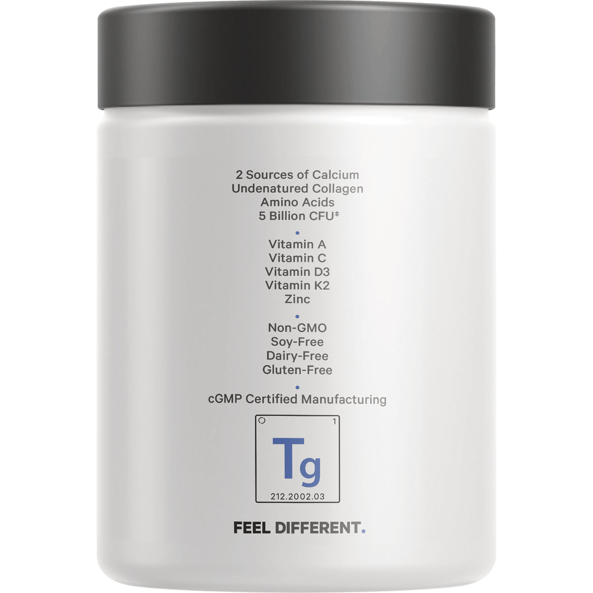 CDG031 | Back of white supplement jar showing ingredient list and labels: Vitamin A C D3 K2, zinc, Non-GMO, soy-free, dairy-free, gluten-free