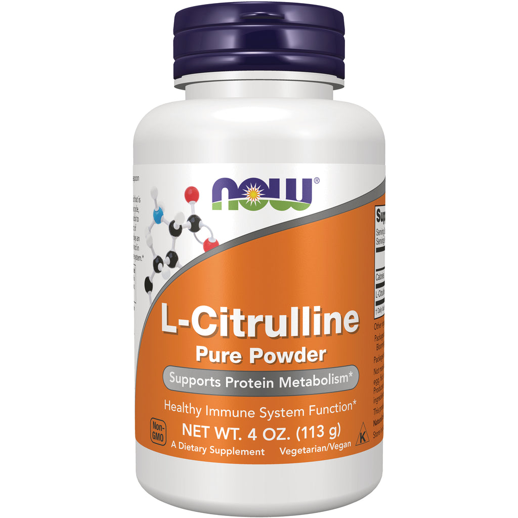 NWF170 | NOW L-Citrulline Pure Powder supplement bottle with orange label, NET WT 4 OZ (113 g) - Thumbnail