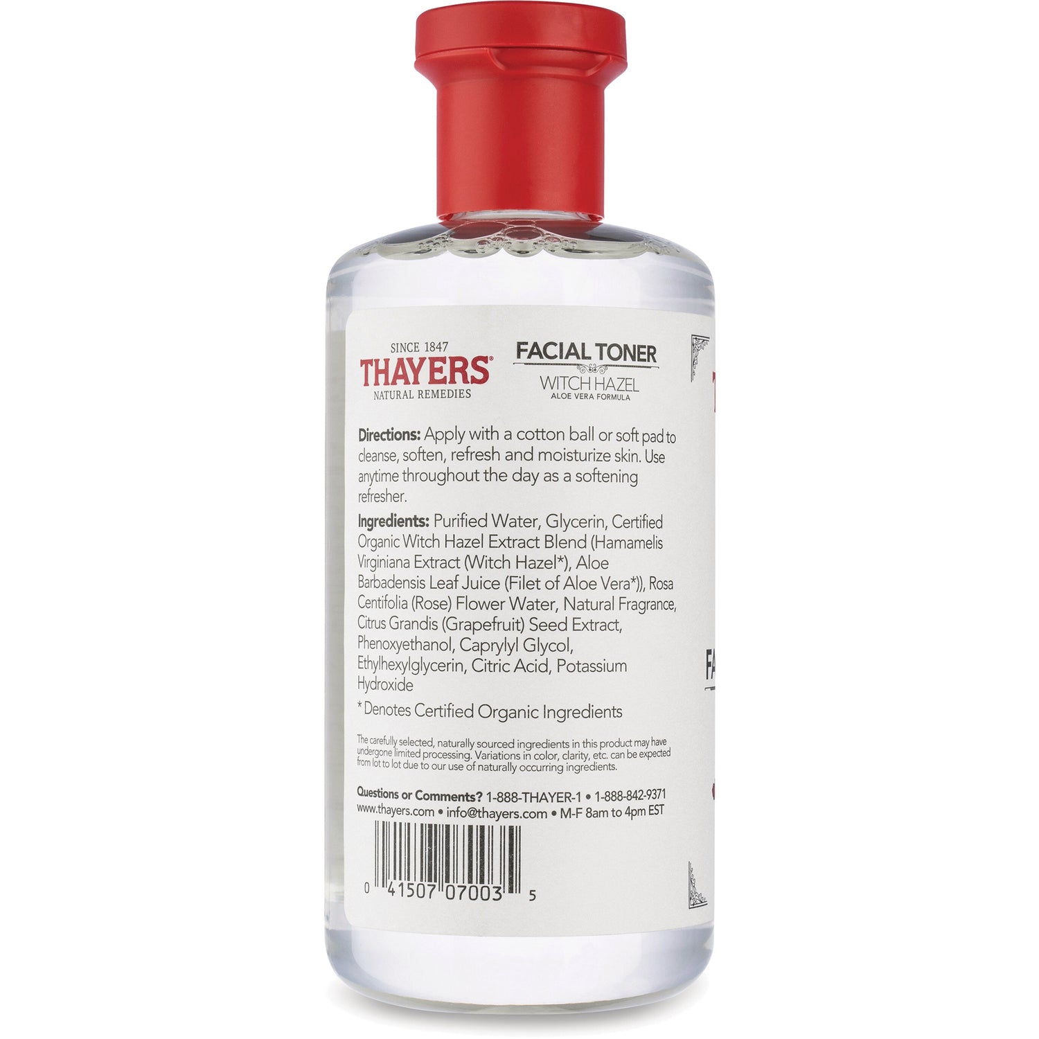 THA017 | Back of Thayers Facial Toner Witch Hazel Aloe Vera Formula, directions and ingredients panel