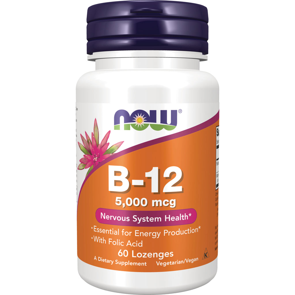 NWF365 | NOW B-12 5,000 mcg bottle with orange label reading Nervous System Health, 60 lozenges - Thumbnail