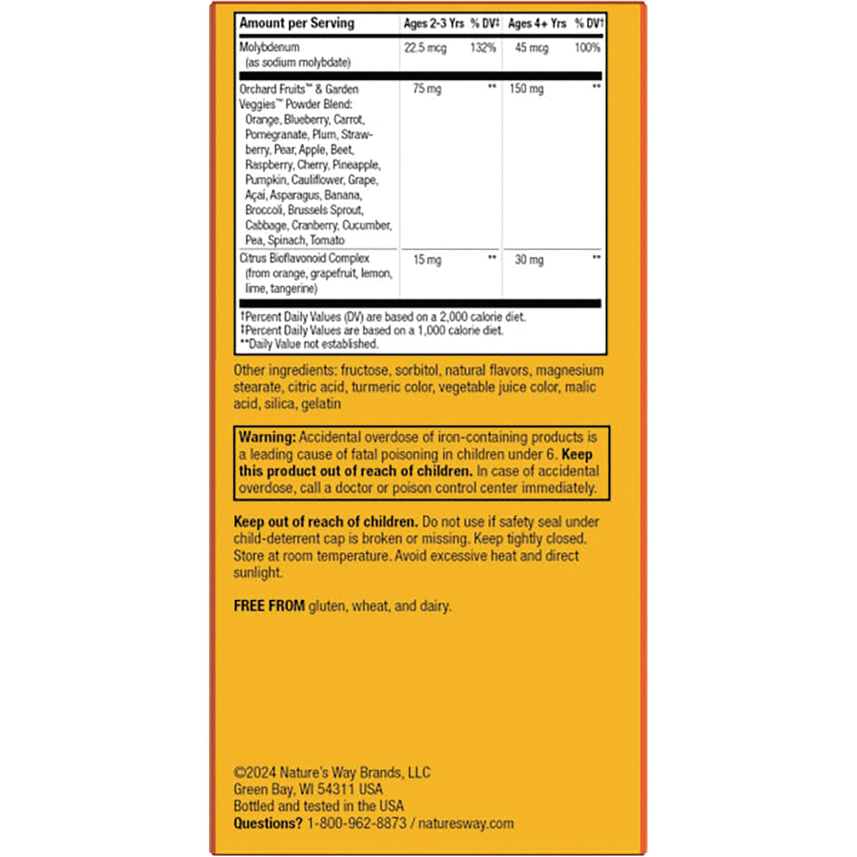 NW800 | Back panel showing supplement facts table, ingredient list, warning box, and manufacturer contact info