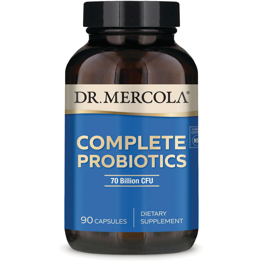 MRC094 | Dr. Mercola Complete Probiotics bottle with blue label reading 70 Billion CFU and 90 capsules, dietary supplement - Thumbnail