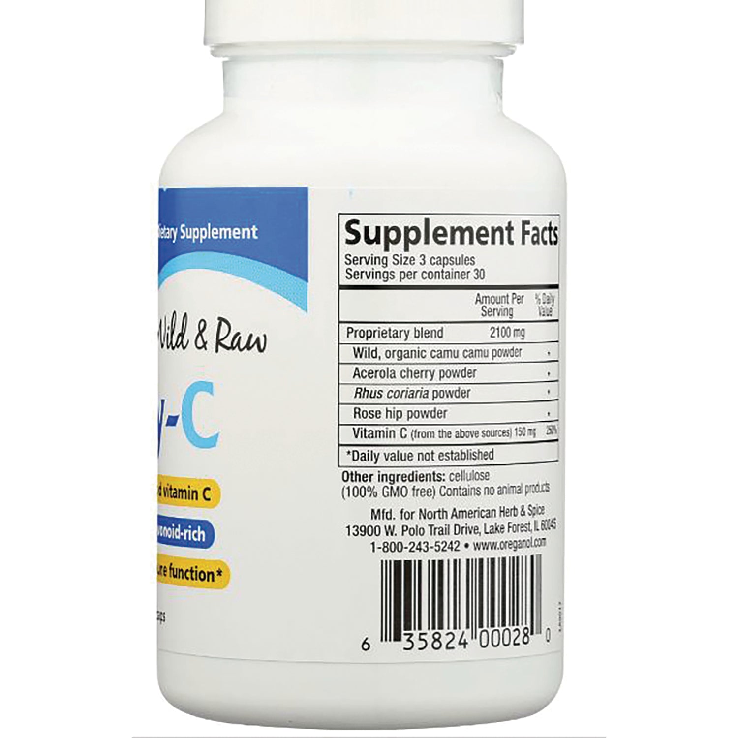 NHS032 | Back of white supplement bottle showing Supplement Facts panel, ingredient list and barcode