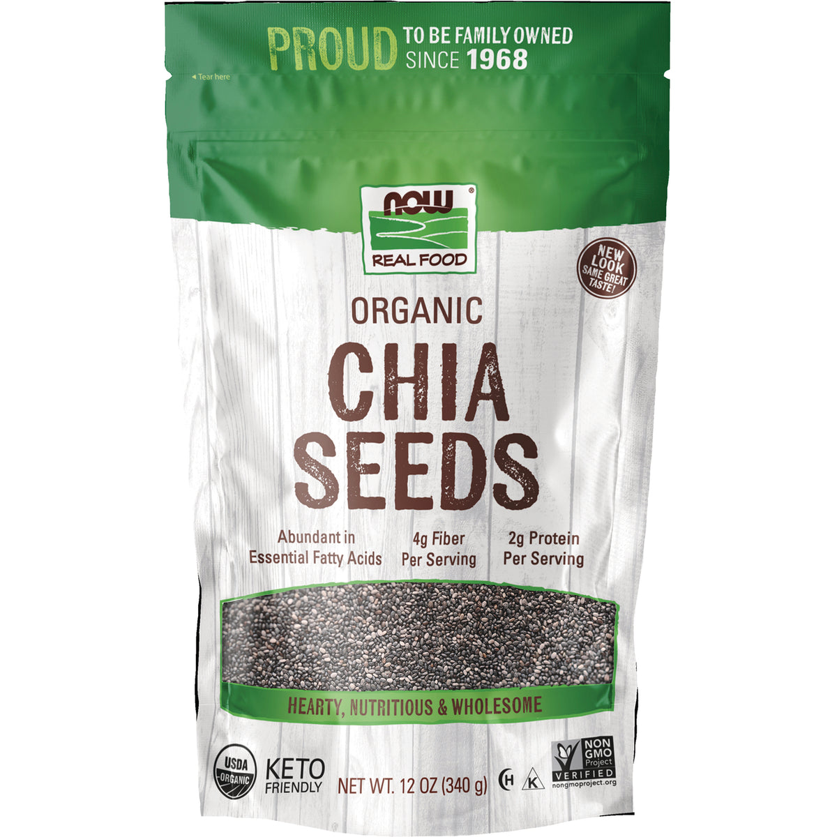 NWF1196 | NOW Real Food organic chia seeds front pouch with clear window showing seeds