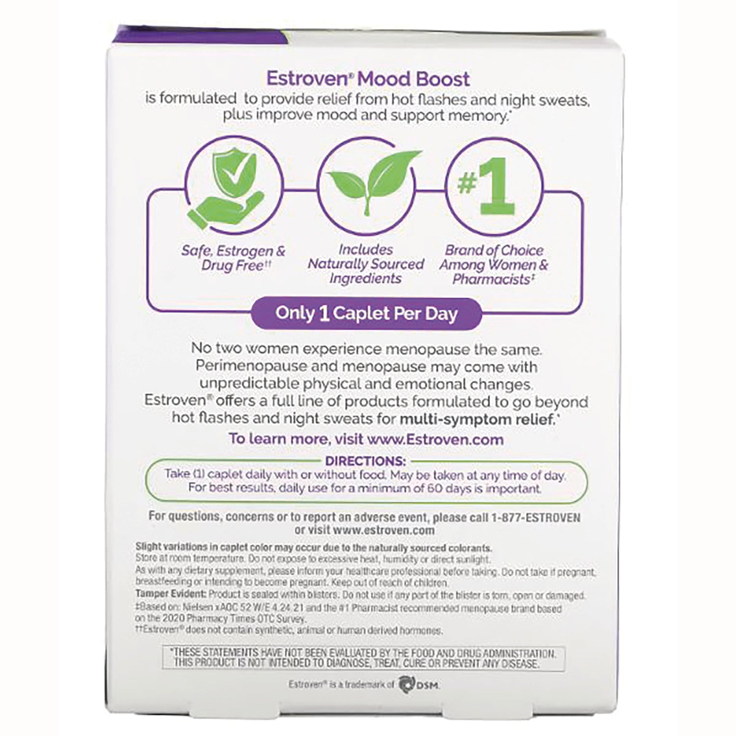 AFB005 | Estroven Mood Boost back panel with benefits icons and directions: Only 1 caplet per day