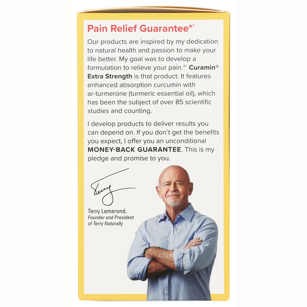 EUR053 | back panel with Pain Relief Guarantee text, money-back guarantee statement, signature, and portrait of Terry Lemerond