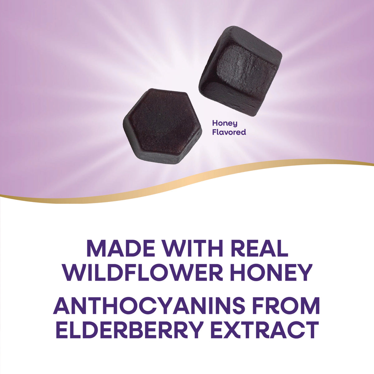 NW1074 | two dark lozenges with Honey Flavored label and copy made with real wildflower honey and anthocyanins from elderberry extract