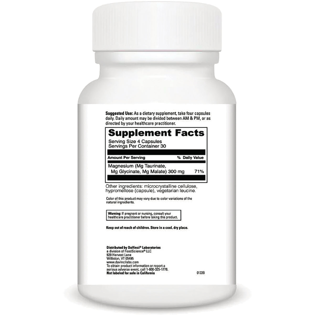 DVL026 | Back label with Supplement Facts panel and usage warnings on white supplement bottle