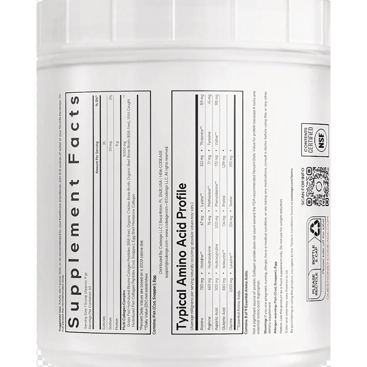 CDG009 | back label of white supplement tub showing Supplement Facts and Typical Amino Acid Profile
