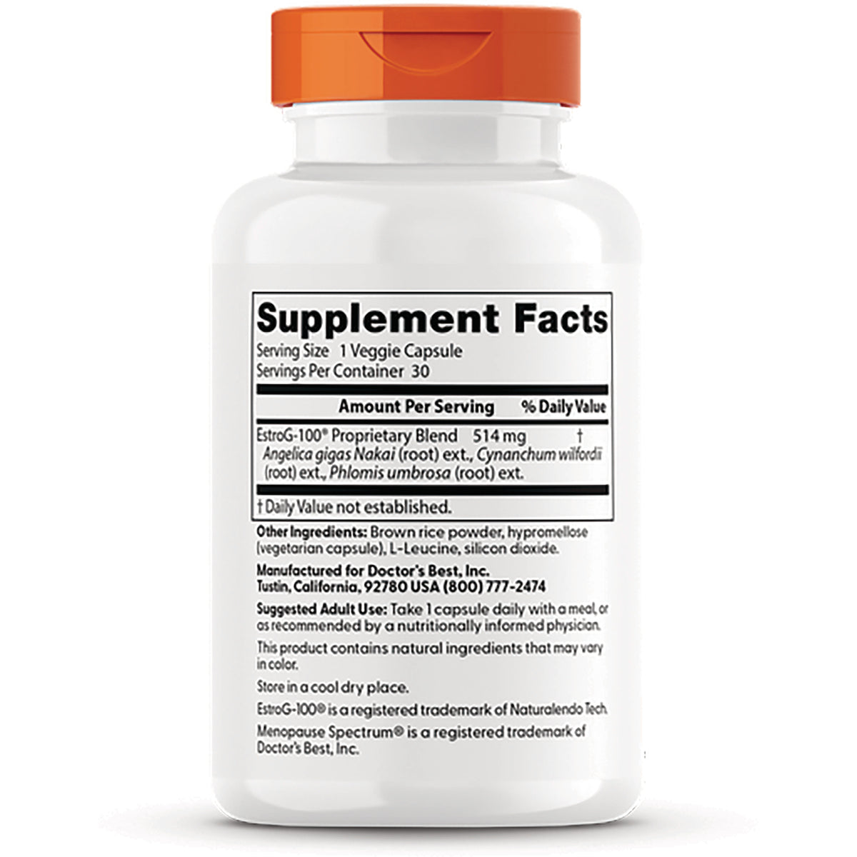 DB198 | Back label with Supplement Facts, ingredients, serving size and manufacturer info on white bottle