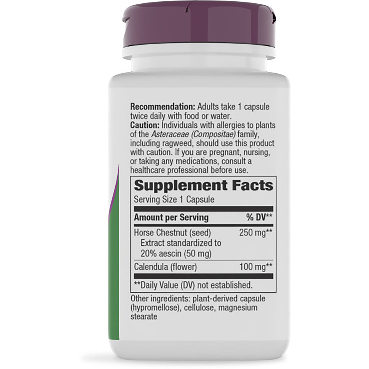 NW527 | Bottle back with Supplement Facts label showing serving size 1 capsule and ingredients including horse chestnut 250 mg