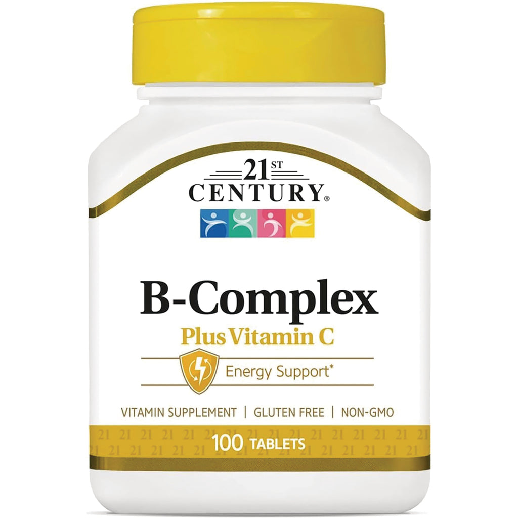 CNT162 | 21st Century B-Complex plus Vitamin C white bottle with yellow cap, 100 tablets label - Thumbnail