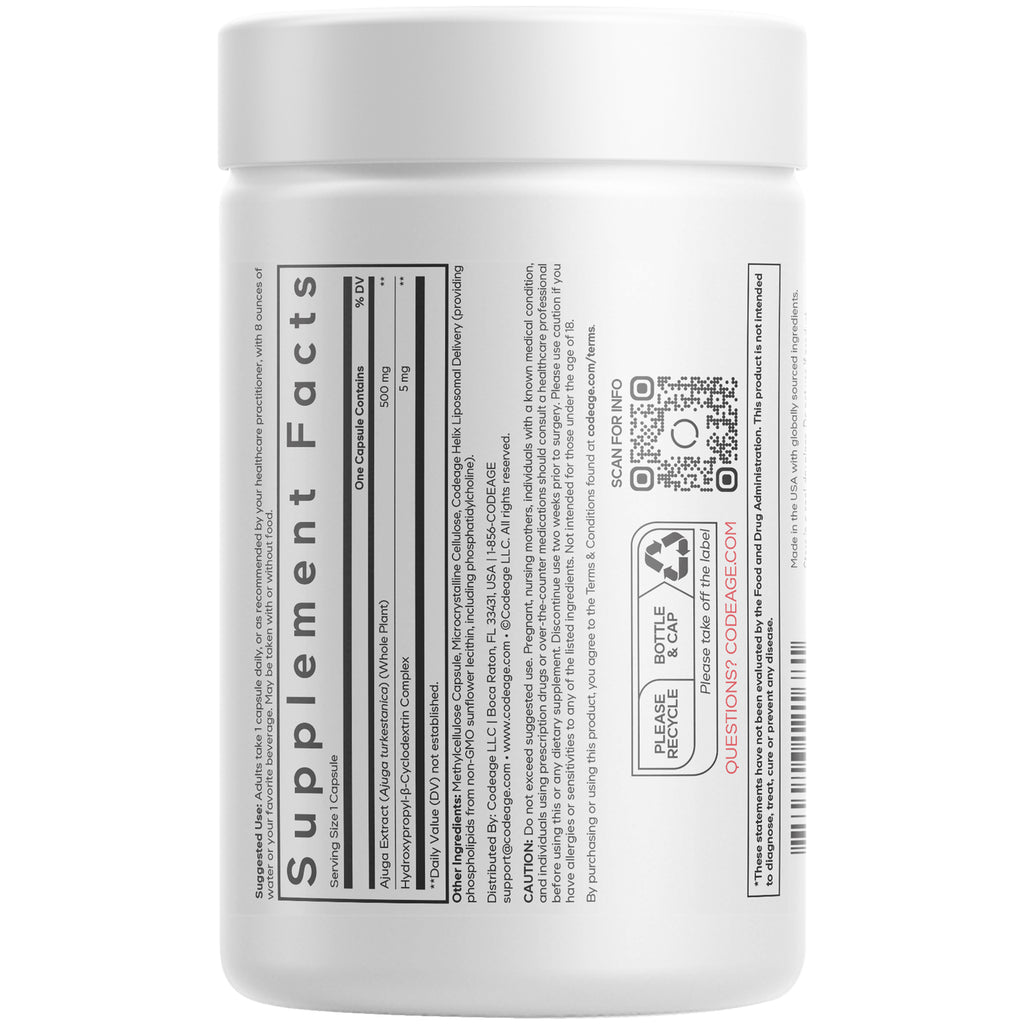 CDG008 | Back label of white supplement bottle showing Supplement Facts panel, ingredients, barcode and QR code - Thumbnail