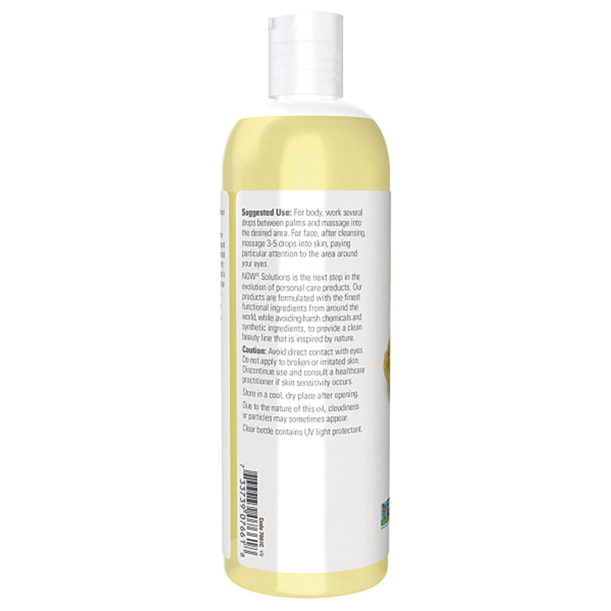 NWF017 | Back label of yellow plastic bottle showing usage instructions, caution text and barcode