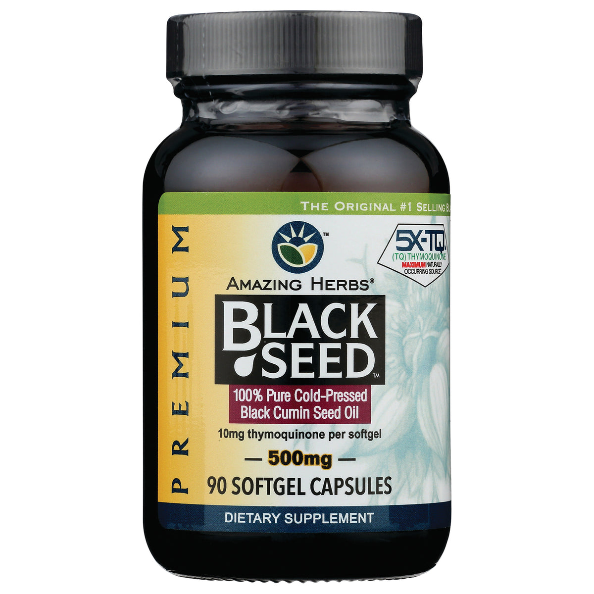 AZH002 | Amazing Herbs Black Seed 500mg bottle, 90 softgel capsules, 100% pure cold-pressed black cumin seed oil