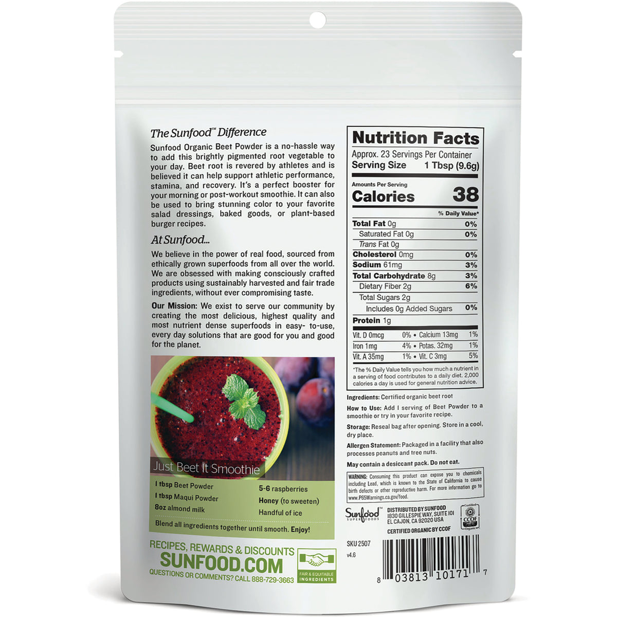 SNF031 | Back of Sunfood Organic Beet Powder pouch with Nutrition Facts, ingredients, and smoothie recipe
