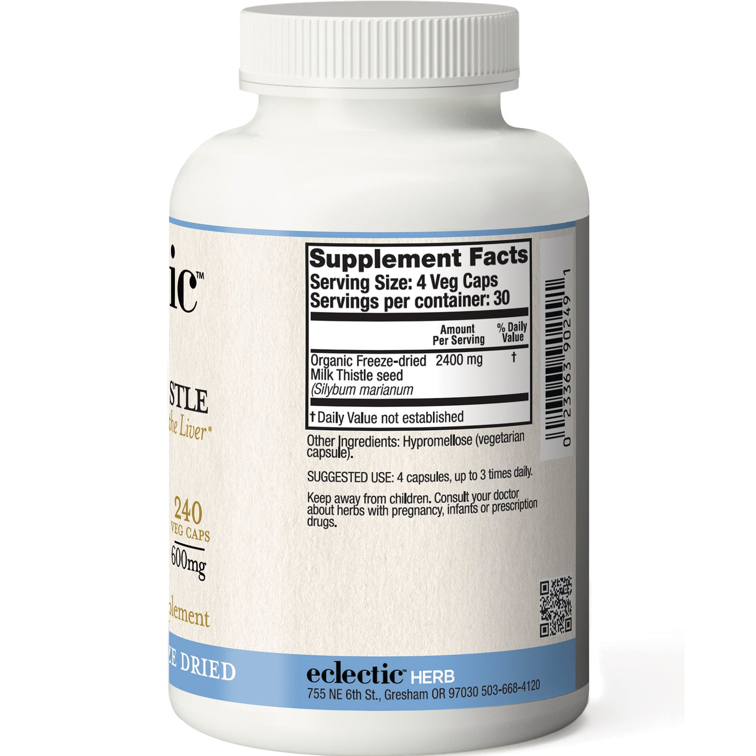 EC032 | Back label of supplement bottle showing Supplement Facts panel, serving size 4 veg caps, organic milk thistle 2400 mg, barcode