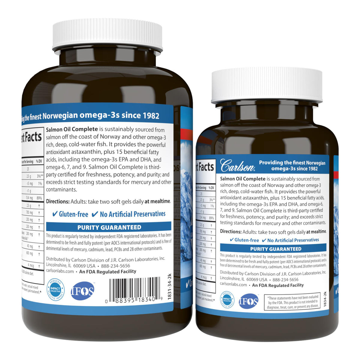 CSN229 | Back labels of two dark brown supplement bottles with white caps showing Salmon Oil Complete facts, gluten-free, purity guaranteed