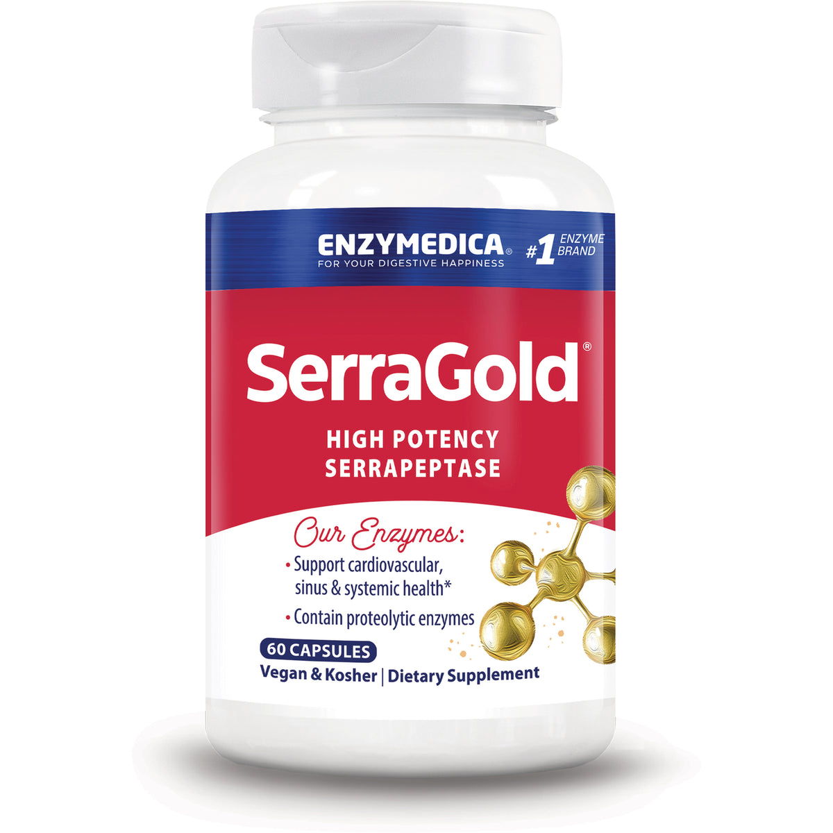 EMD024 | SerraGold bottle front label showing High Potency Serrapeptase, 60 capsules, Vegan & Kosher dietary supplement