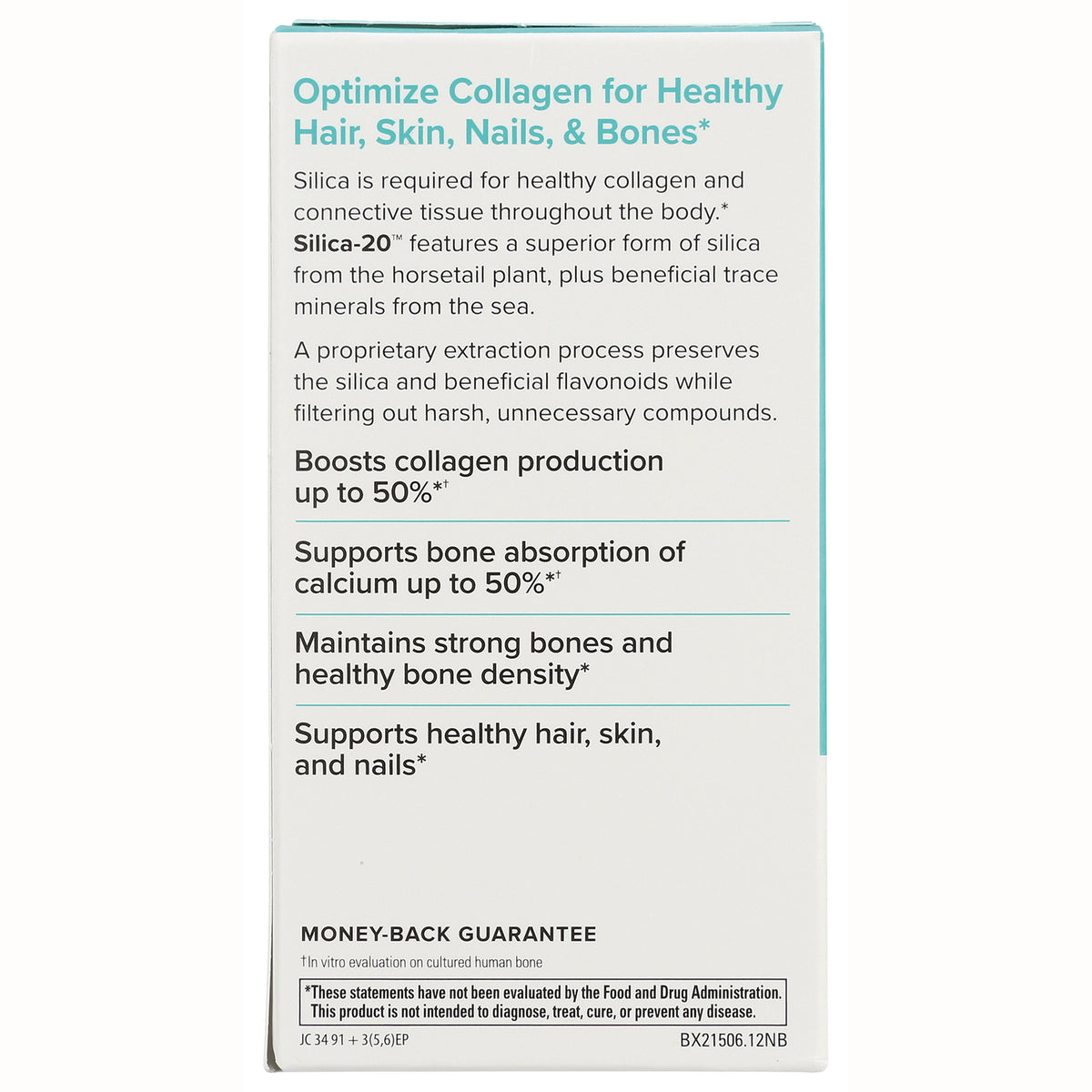 EUR019 | back of supplement box listing benefits for hair, skin, nails, bones and a money-back guarantee