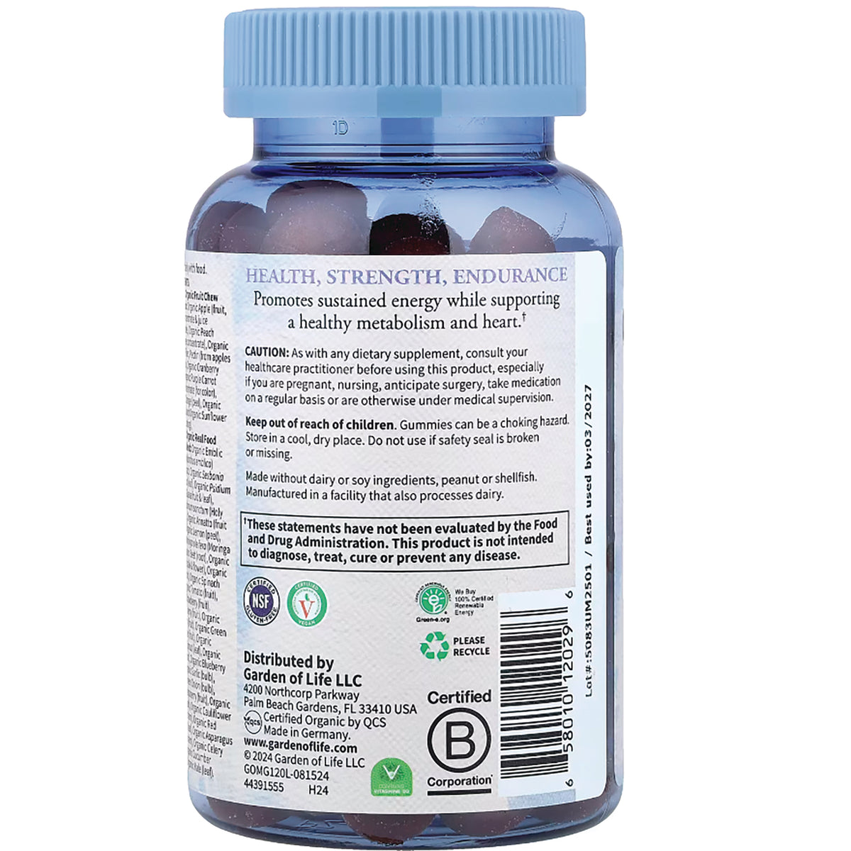 GLF236 | Back label of blue-capped supplement bottle showing claims, caution text, certifications and barcode