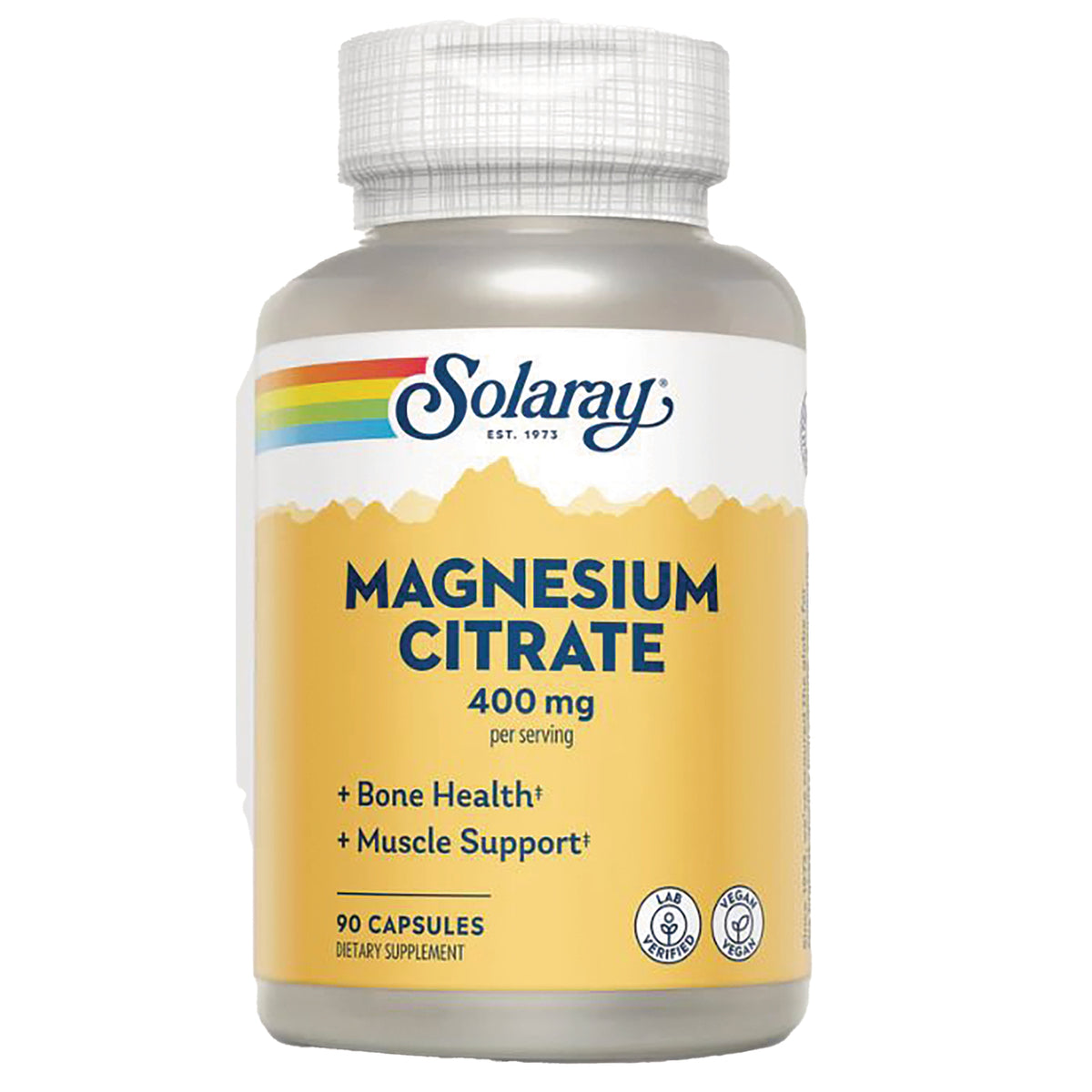 SLR329 | Solaray Magnesium Citrate 400 mg supplement bottle, front label showing 90 capsules and bone and muscle support