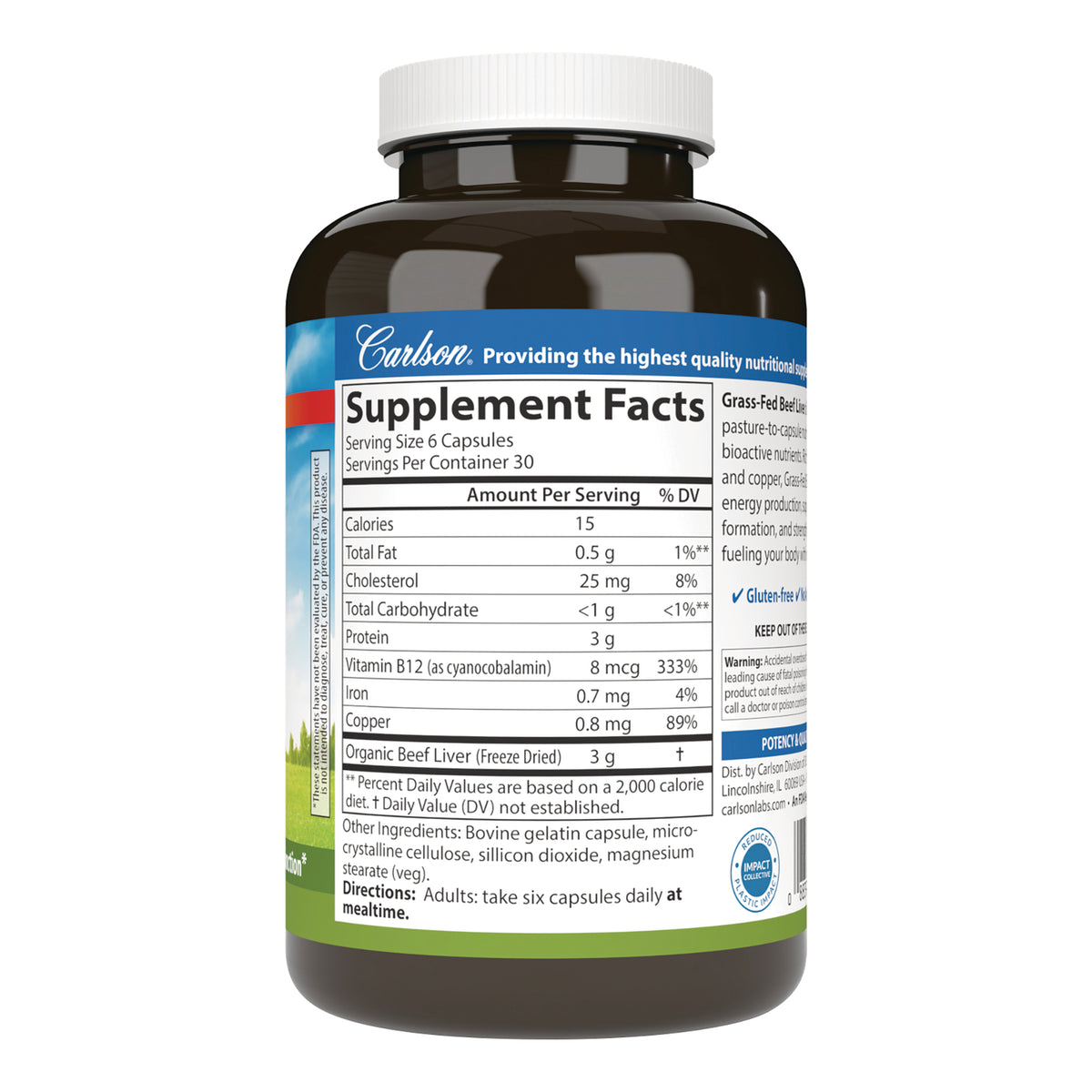 CSN338 | Supplement Facts panel on bottle showing serving size 6 capsules, nutrient amounts and directions
