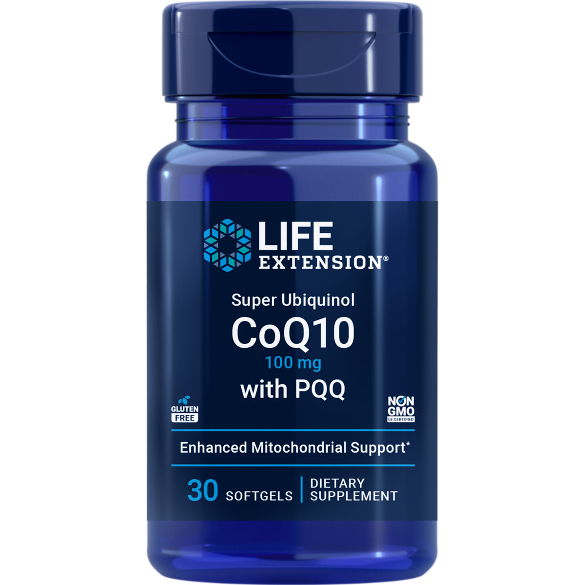 LE298 | Blue Life Extension bottle labeled Super Ubiquinol CoQ10 with PQQ, 100 mg, 30 soft-gels dietary supplement