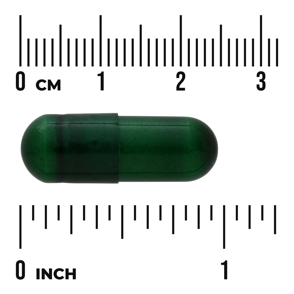 SWC108 | Green capsule with cm and inch rulers for size reference