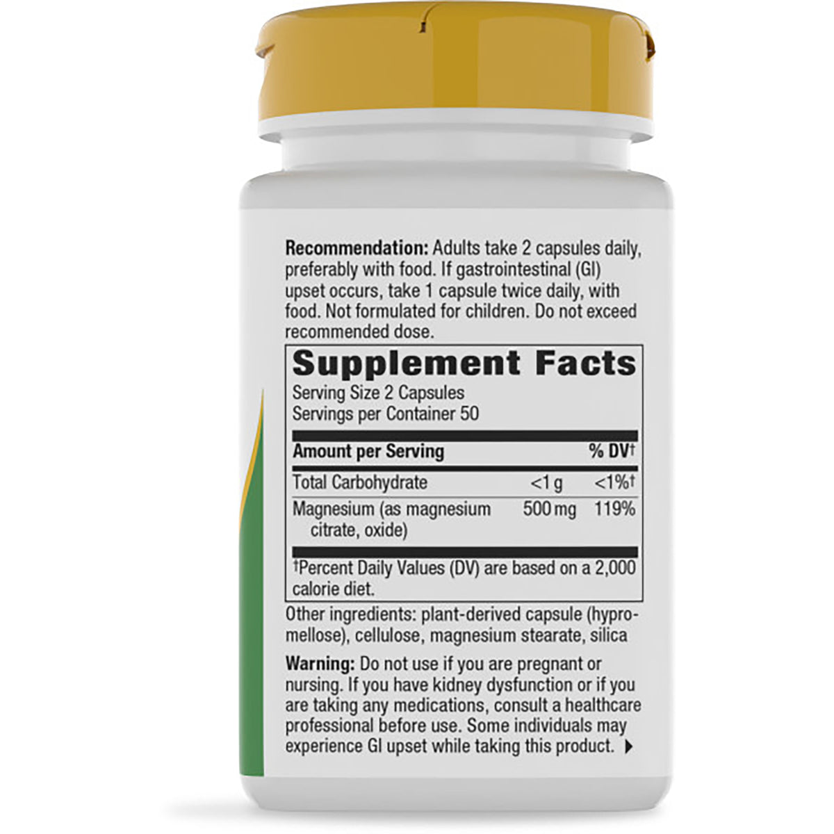 NW360 | back of supplement bottle showing Supplement Facts label, serving size and magnesium 500 mg