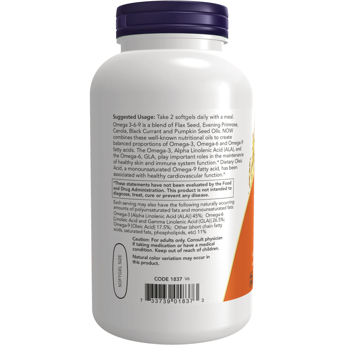 NWF073 | Back of white supplement bottle showing suggested usage Take 2 softgels daily, ingredient text and barcode