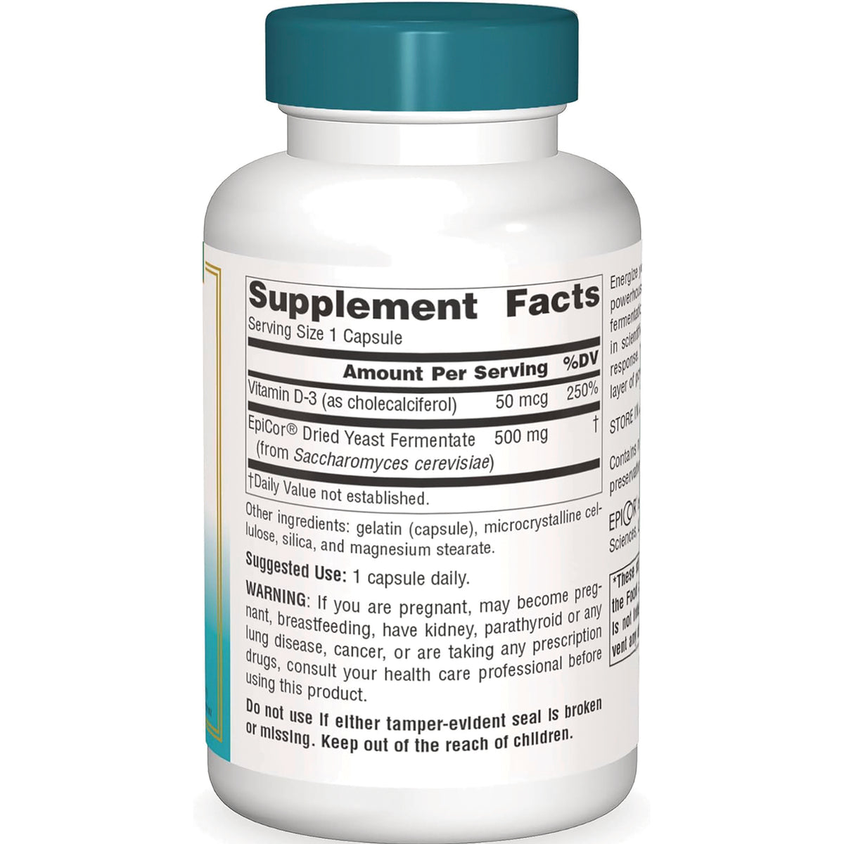 SN424 | Back label with Supplement Facts, serving size 1 capsule, Vitamin D-3 50 mcg, EpiCor dried yeast fermentate 500 mg