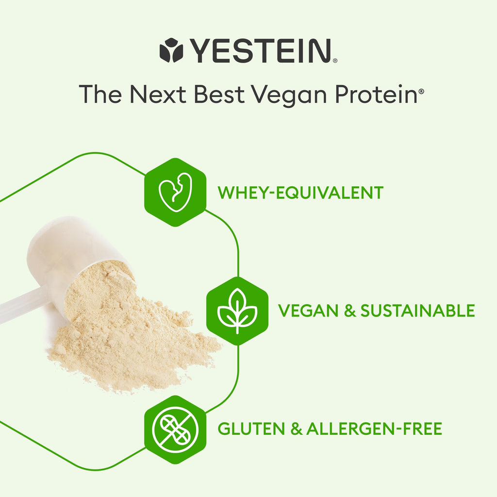 SW1918 | Yestein protein powder scoop with text: Whey-equivalent, Vegan & Sustainable, Gluten & Allergen-free - Thumbnail