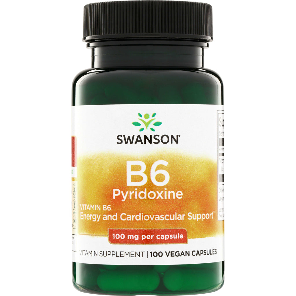 SW021 | Swanson B6 Pyridoxine, 100 mg per capsule, vitamin supplement, 100 vegan capsules - Thumbnail