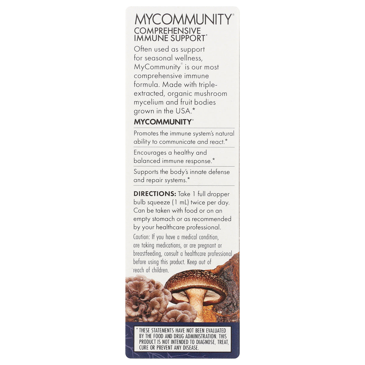 MyCommunity comprehensive immune support product infographic panel showing benefits, directions, and mushroom illustration