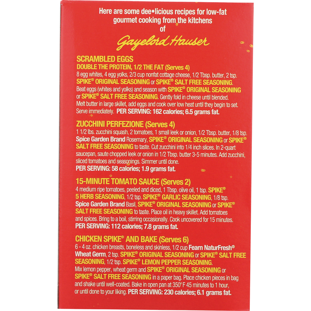 MPR002 | red product infographic with recipes and per serving nutrition for scrambled eggs, zucchini, tomato sauce, chicken spike