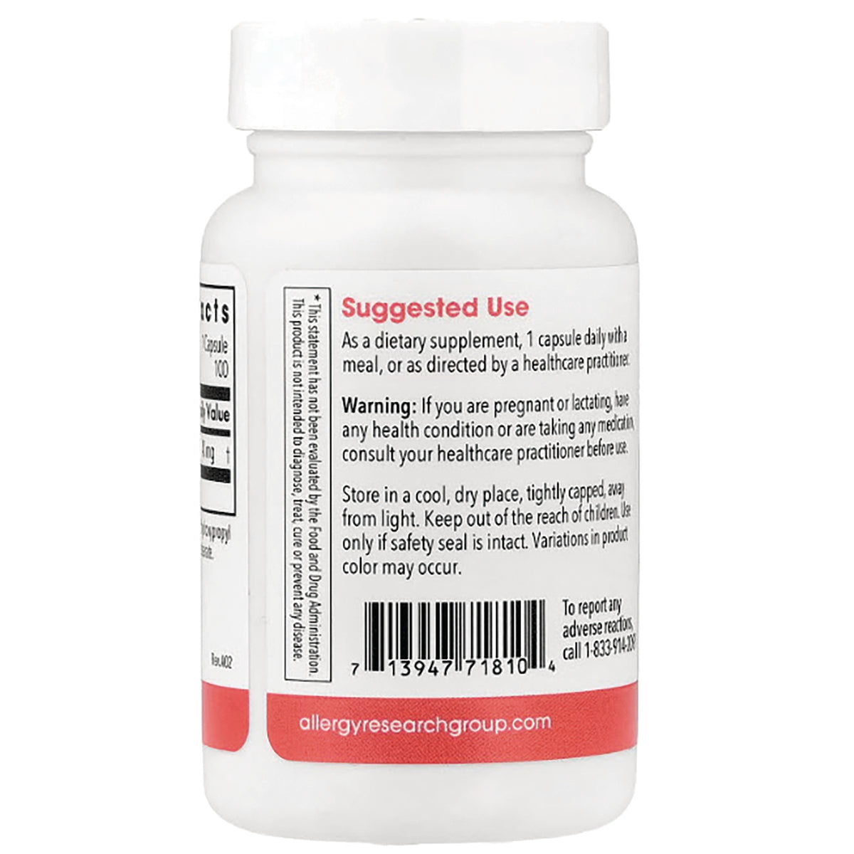 ARG017 | Back of white supplement bottle showing Suggested Use text, warning, barcode and allergyresearchgroup.com label