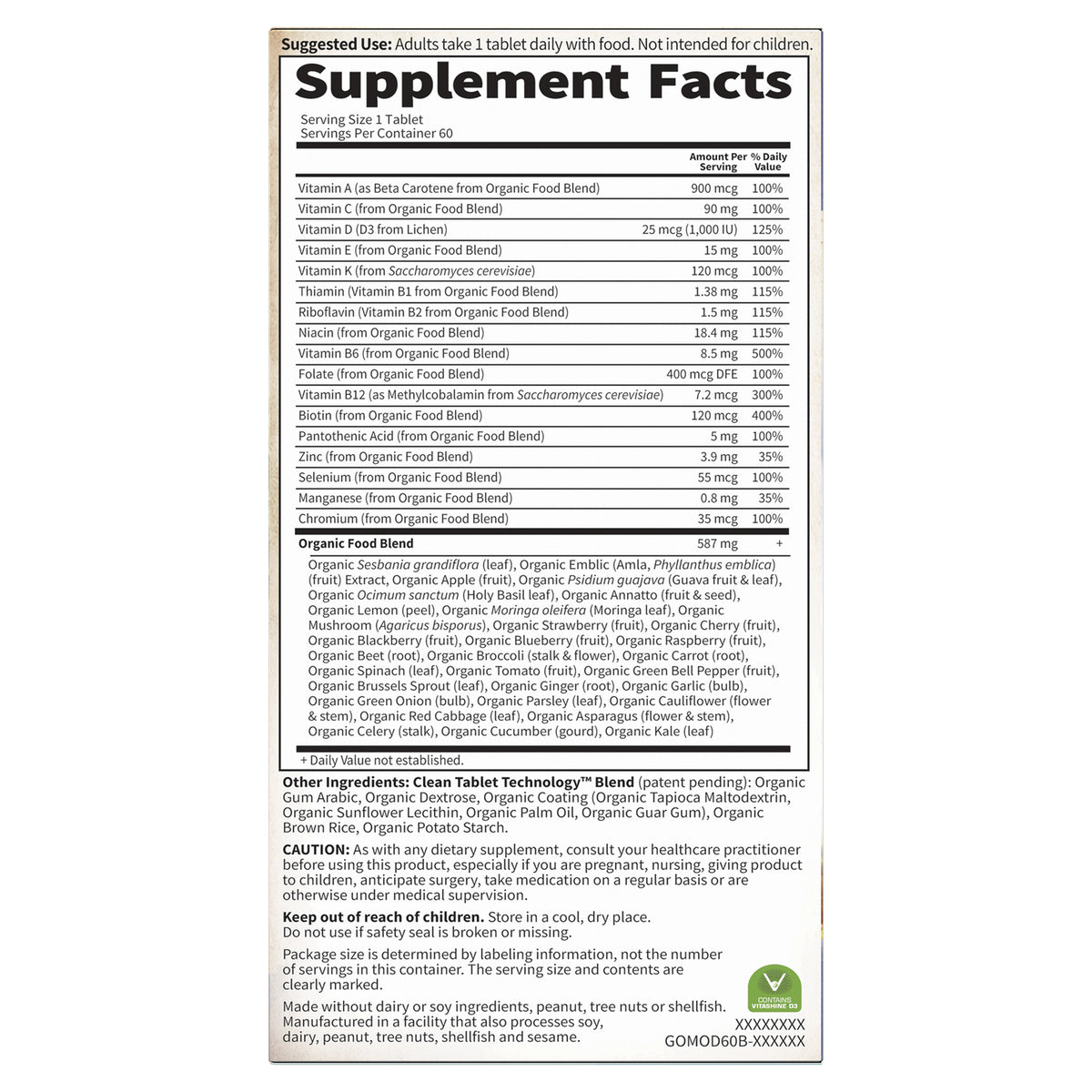 GLF183 | back panel showing Supplement Facts table, organic food blend ingredients and cautionary text