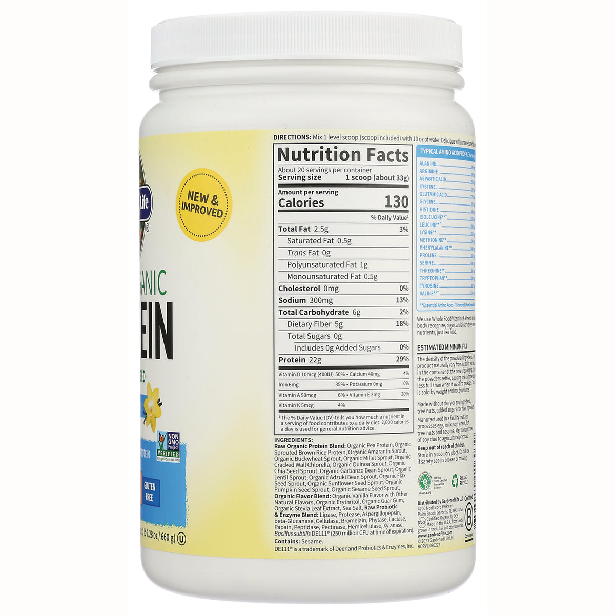 GLF145 | back label showing Nutrition Facts panel with Calories 130 and ingredient list on supplement tub