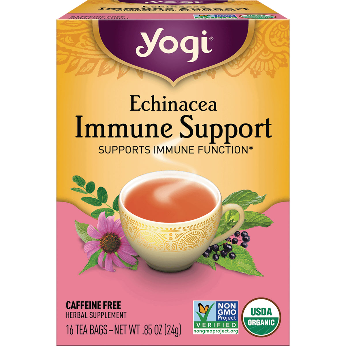 AHW021 | Yogi Echinacea Immune Support tea, caffeine free, 16 tea bags, Non-GMO Project Verified, USDA Organic