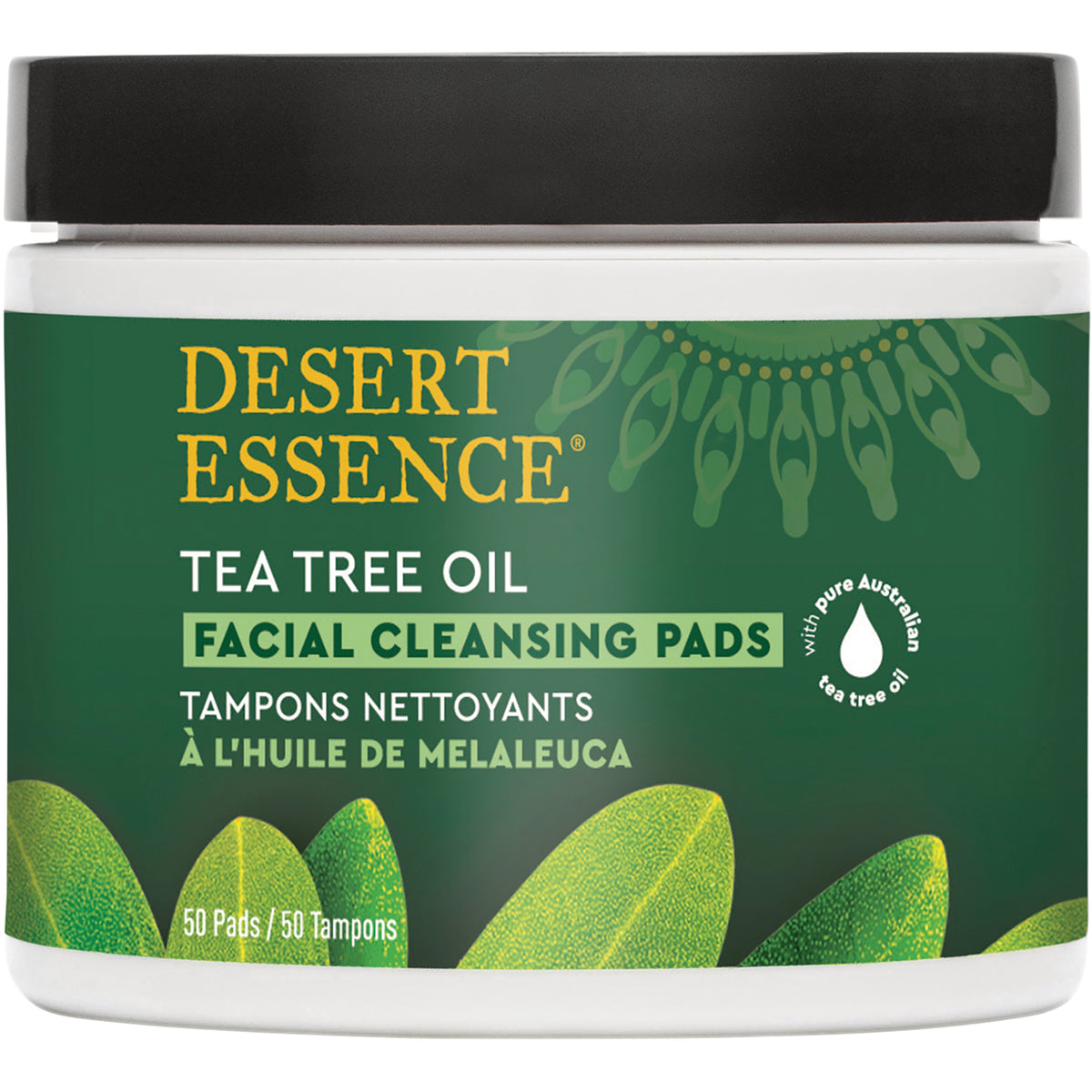 DST024 | Desert Essence tea tree oil facial cleansing pads jar with green label showing 50 pads