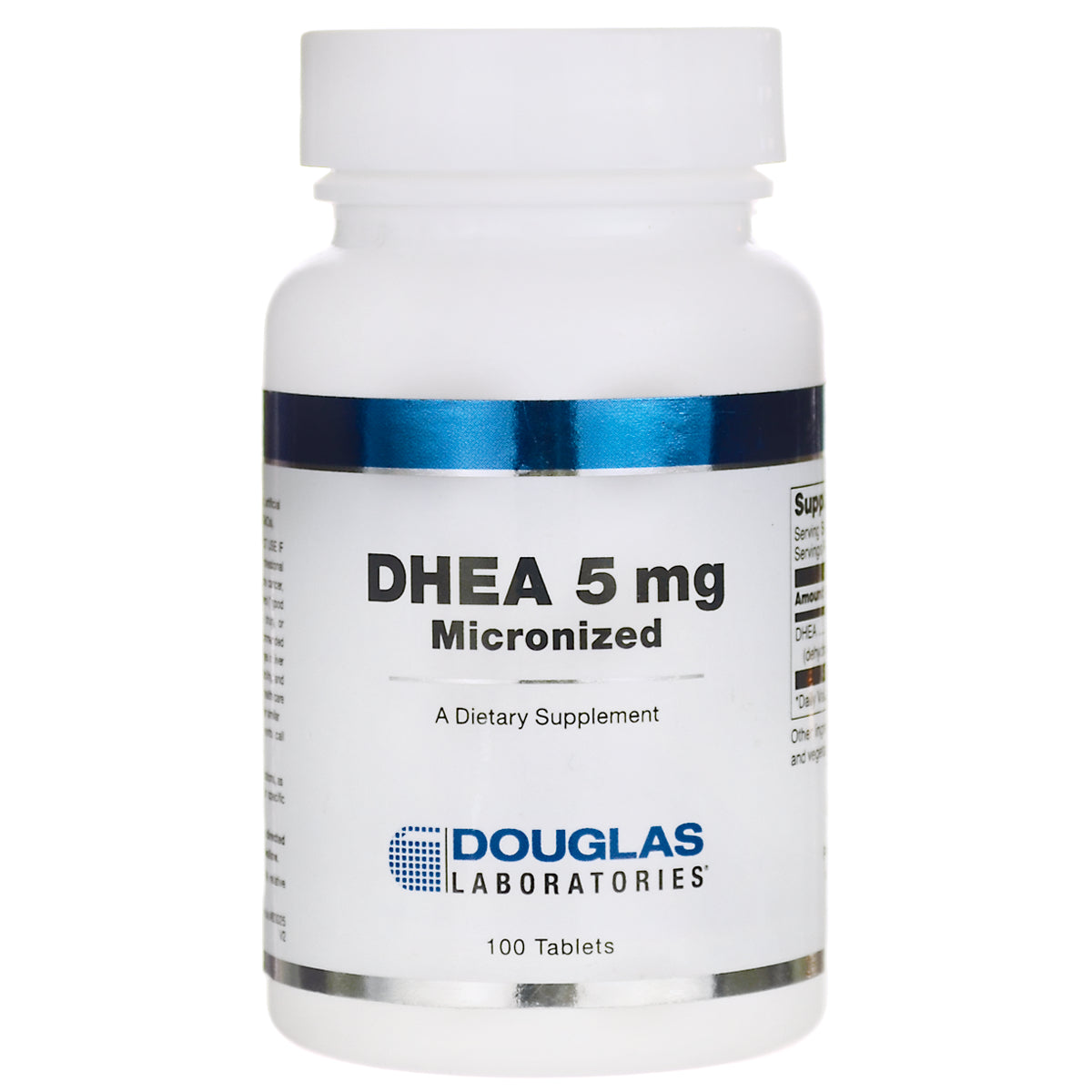 DGL021 | Front view of white supplement bottle labeled DHEA 5 mg Micronized, Douglas Laboratories, 100 tablets