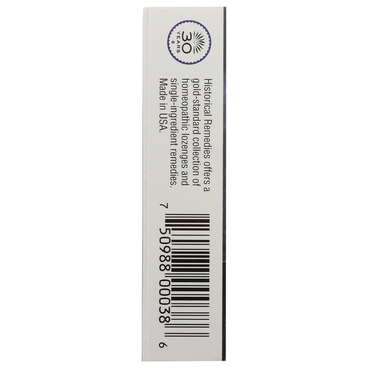 HLR002 | side panel showing barcode, small text reading Historical Remedies, Made in USA and a 30 years seal