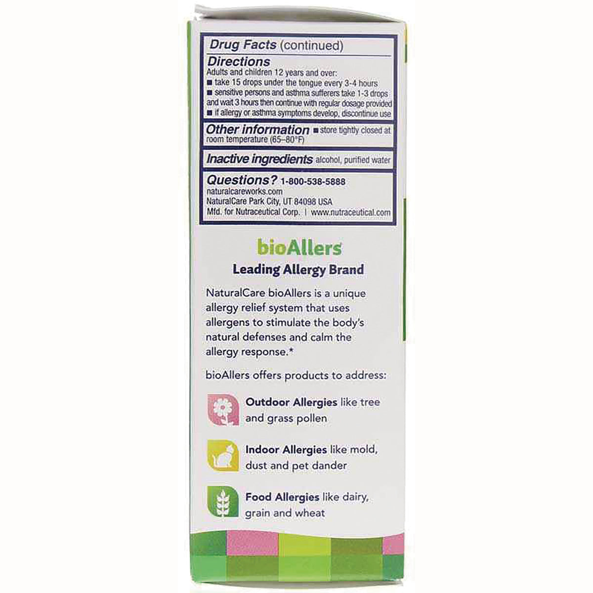 NTB041 | Back of bioAllers product box showing drug facts, directions, inactive ingredients and allergy categories for outdoor, indoor, food