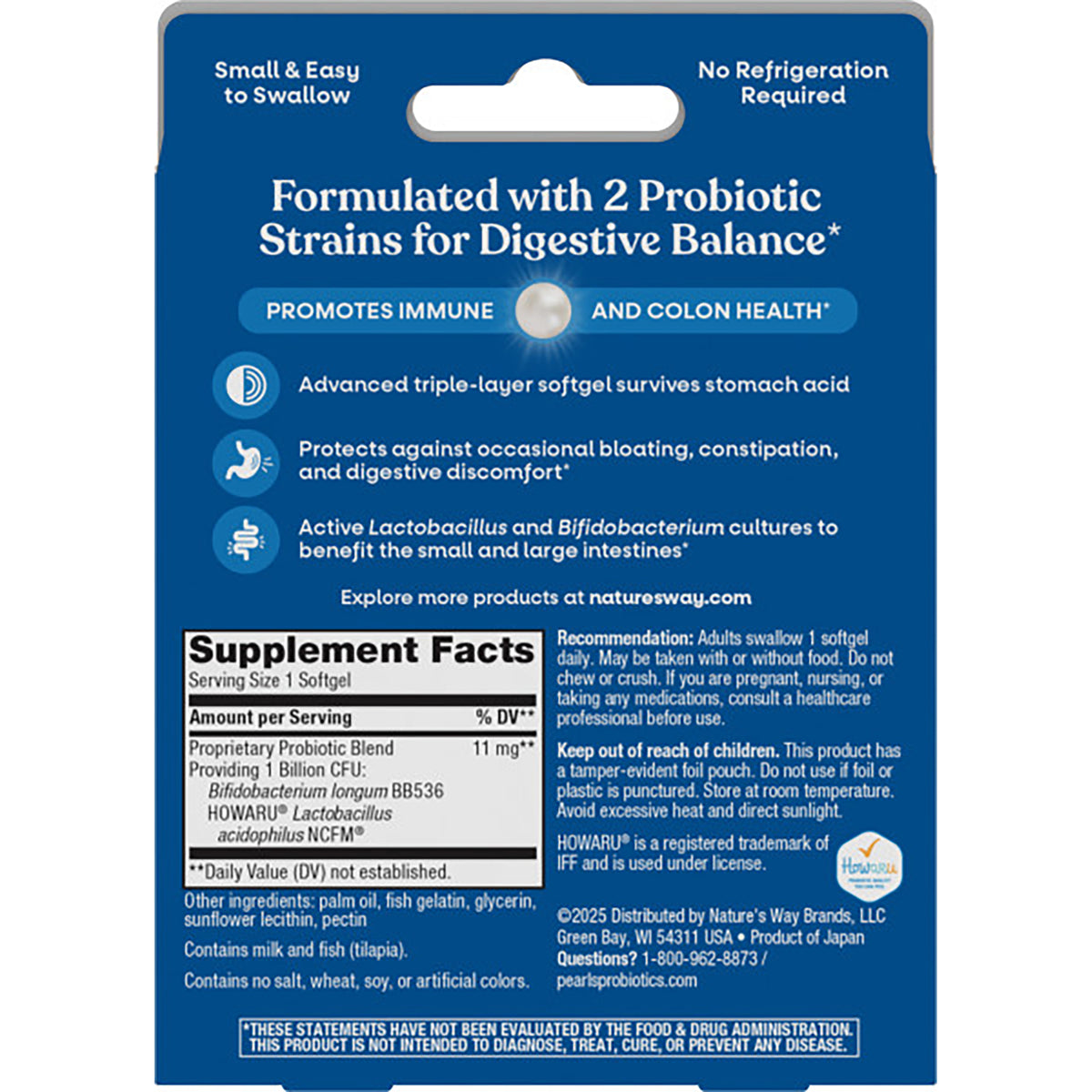 ET284 | Back of probiotic supplement card showing Formulated with 2 Probiotic Strains for Digestive Balance, benefits and Supplement Facts panel
