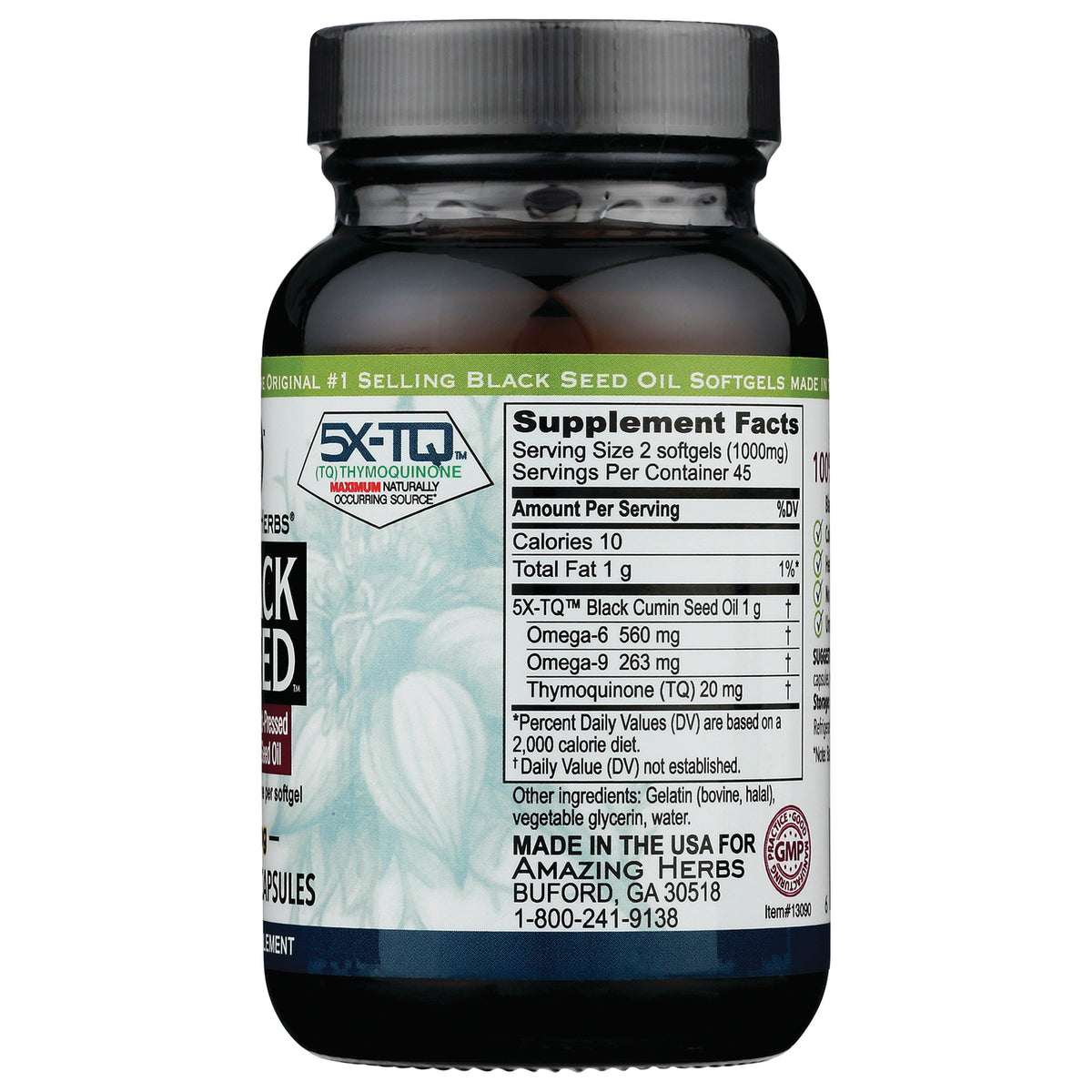 AZH002 | Back label with Supplement Facts panel showing serving size 2 softgels, calories, fats, and ingredient amounts